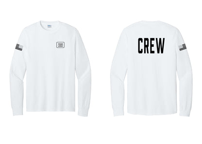 NYC Factory Custom Work Crew Uniform Cotton Long Sleeve Tee with Your Logo (Classic) - Your Logo + Back + US Flag Sleeve - White