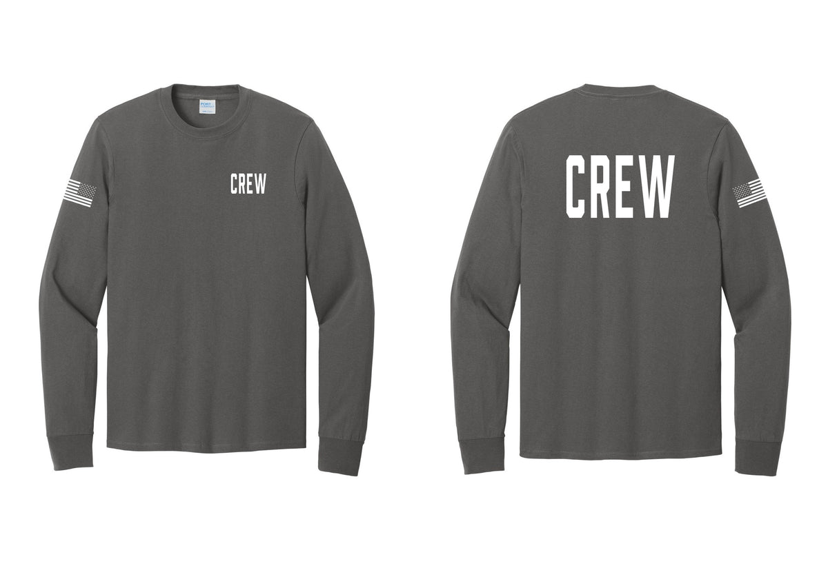 NYC Factory Crew Cotton Long Sleeve T-Shirt for Event Staff & Production Teams (Classic) - Chest + Back + US Flag Sleeve - Charcoal