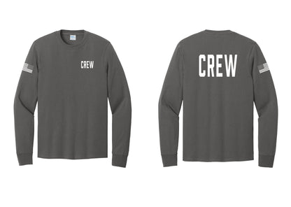 NYC Factory Crew Cotton Long Sleeve T-Shirt for Event Staff & Production Teams (Classic) - Chest + Back + US Flag Sleeve - Charcoal