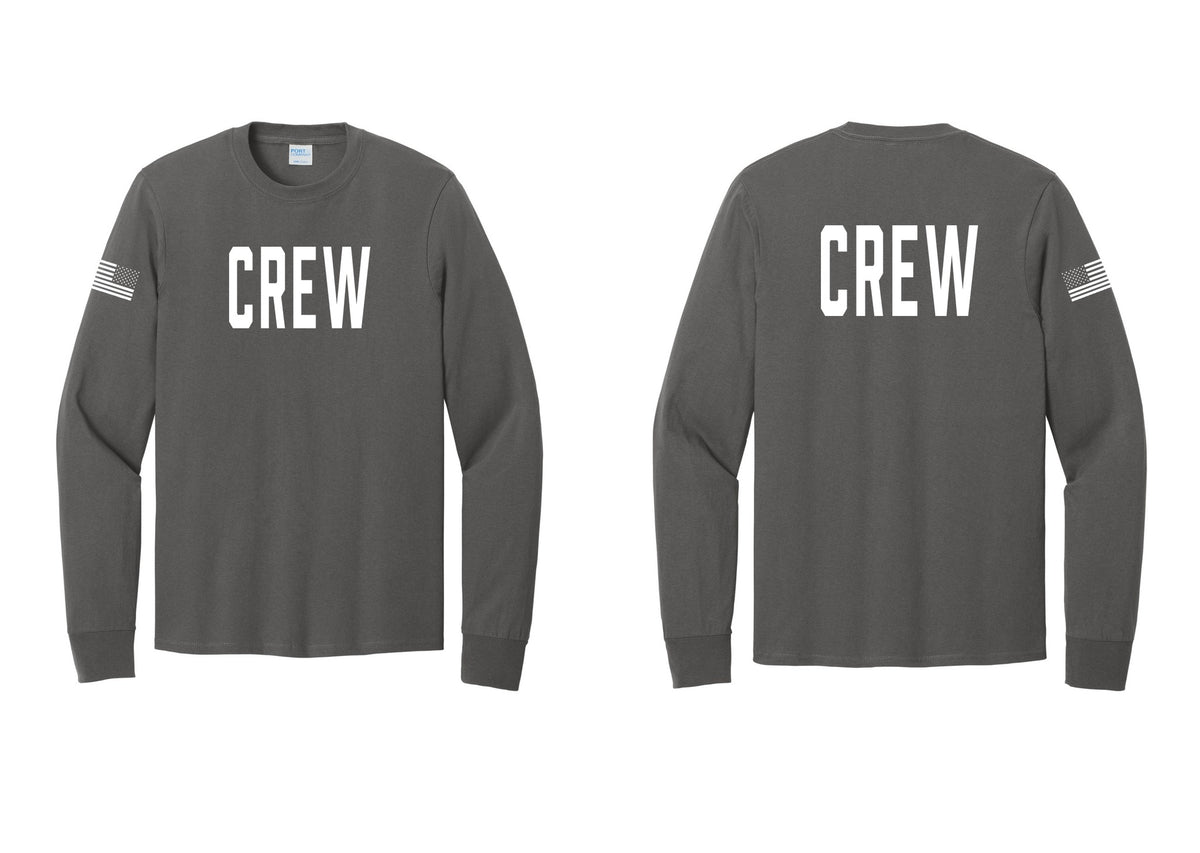 NYC Factory Crew Cotton Long Sleeve T-Shirt for Event Staff & Production Teams (Classic) - Front + Back + US Flag Sleeve - Charcoal