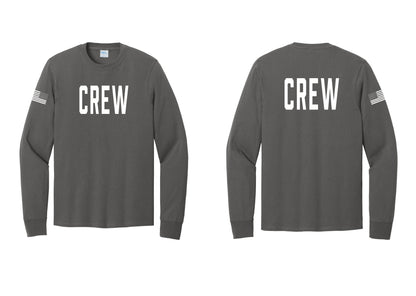 NYC Factory Crew Cotton Long Sleeve T-Shirt for Event Staff & Production Teams (Classic) - Front + Back + US Flag Sleeve - Charcoal