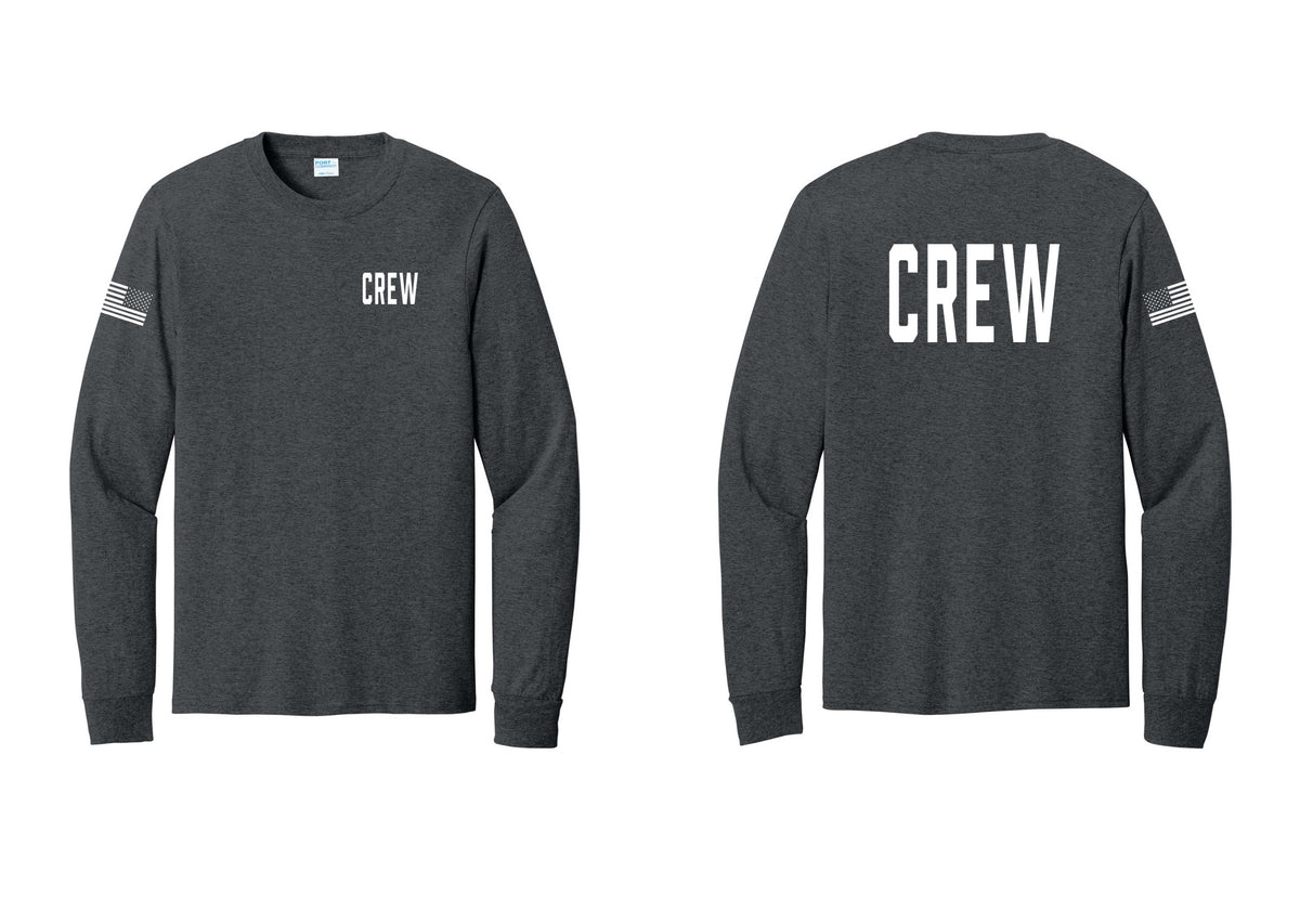 NYC Factory Crew Cotton Long Sleeve T-Shirt for Event Staff & Production Teams (Classic) - Chest + Back + US Flag Sleeve - Dark Heather Grey