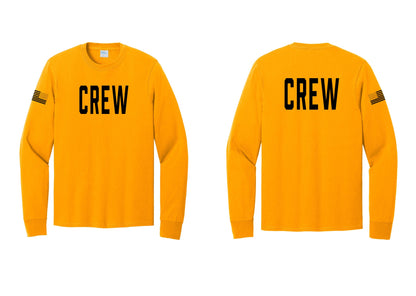 NYC Factory Crew Cotton Long Sleeve T-Shirt for Event Staff & Production Teams (Classic) - Front + Back + US Flag Sleeve - Gold