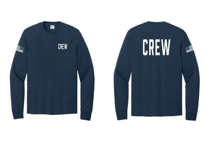 NYC Factory Crew Cotton Long Sleeve T-Shirt for Event Staff & Production Teams (Classic) - Chest + Back + US Flag Sleeve - Navy