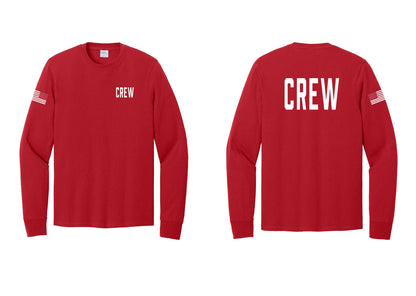 NYC Factory Crew Cotton Long Sleeve T-Shirt for Event Staff & Production Teams (Classic) - Chest + Back + US Flag Sleeve - Red