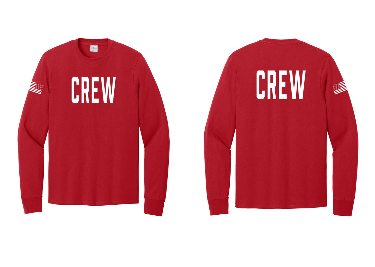 NYC Factory Crew Cotton Long Sleeve T-Shirt for Event Staff & Production Teams (Classic) - Front + Back + US Flag Sleeve - Red
