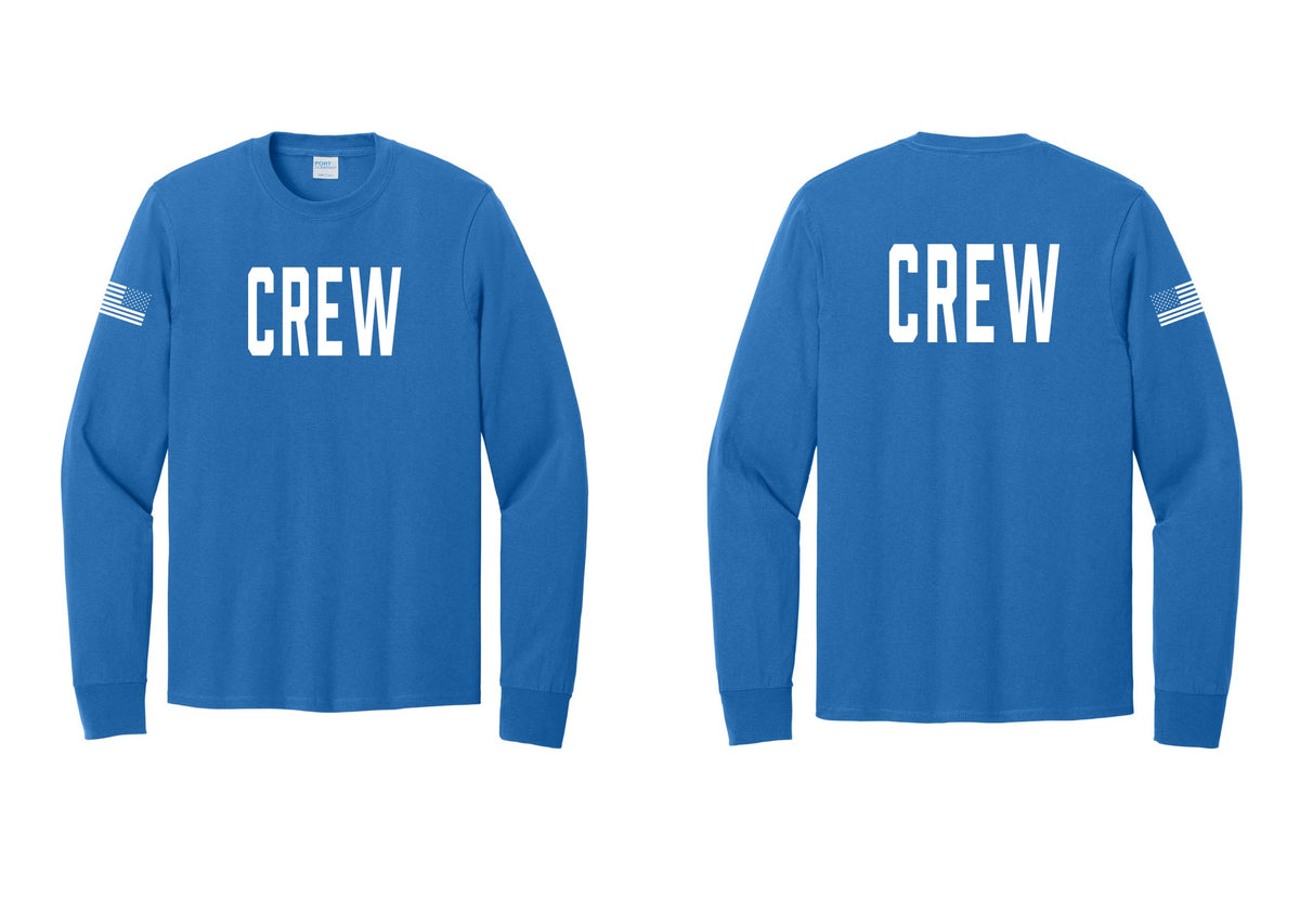 NYC Factory Crew Cotton Long Sleeve T-Shirt for Event Staff & Production Teams (Classic) - Front + Back + US Flag Sleeve - Royal