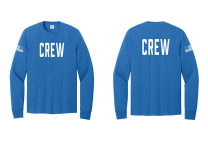 NYC Factory Crew Cotton Long Sleeve T-Shirt for Event Staff & Production Teams (Classic) - Front + Back + US Flag Sleeve - Royal
