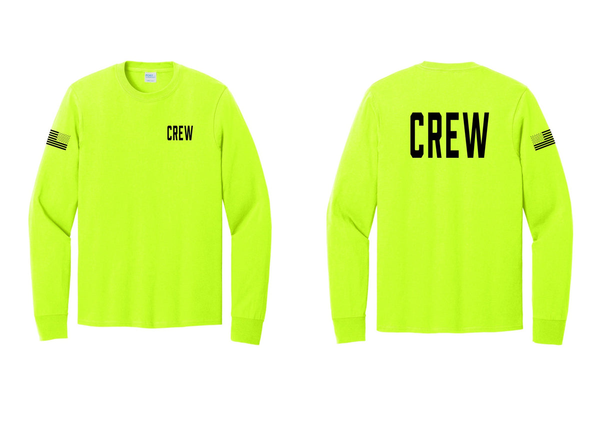NYC Factory Crew Cotton Long Sleeve T-Shirt for Event Staff & Production Teams (Classic) - Chest + Back + US Flag Sleeve - Safety Green