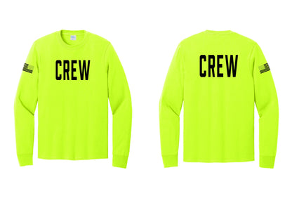 NYC Factory Crew Cotton Long Sleeve T-Shirt for Event Staff & Production Teams (Classic) - Front + Back + US Flag Sleeve - Safety Green