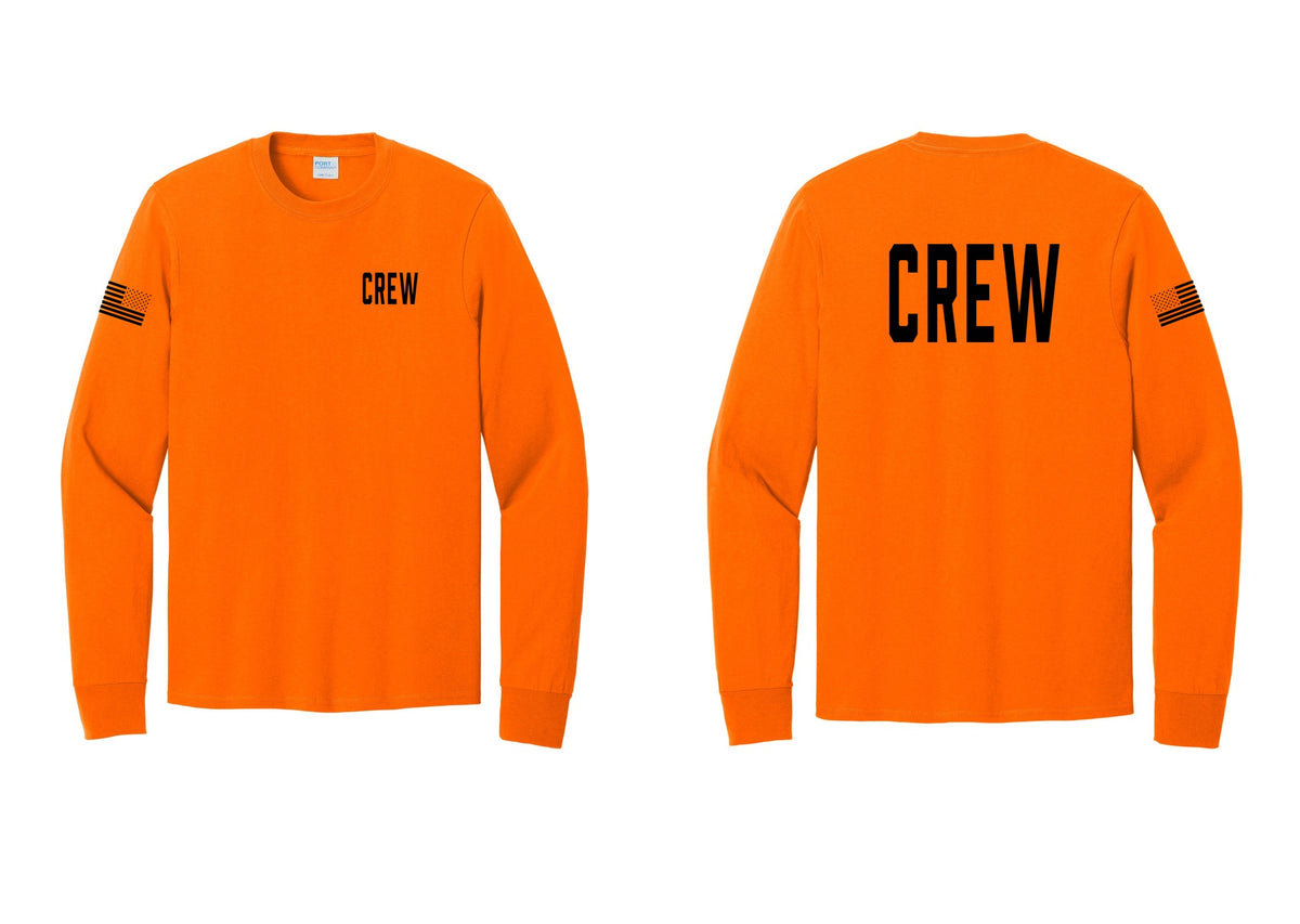 NYC Factory Crew Cotton Long Sleeve T-Shirt for Event Staff & Production Teams (Classic) - Chest + Back + US Flag Sleeve - Safety Orange