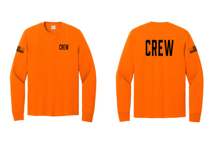 NYC Factory Crew Cotton Long Sleeve T-Shirt for Event Staff & Production Teams (Classic) - Chest + Back + US Flag Sleeve - Safety Orange
