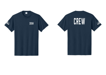 NYC Factory Crew T-Shirt, Condensed Lettering - Chest + Back + US Flag Sleeve - Navy