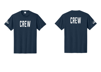 NYC Factory Crew T-Shirt, Condensed Lettering - Front + Back + US Flag Sleeve - Navy