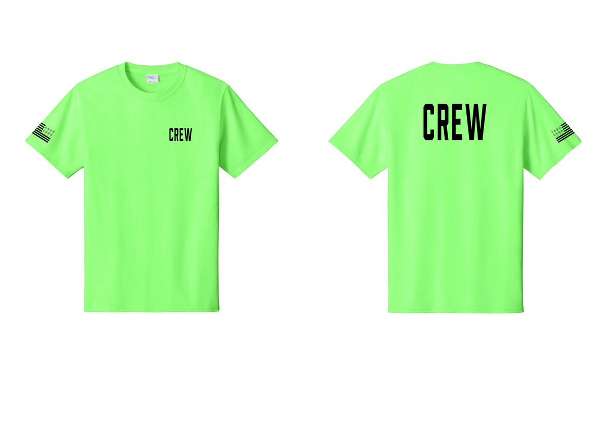 NYC Factory Crew T-Shirt, Condensed Lettering - Chest + Back + US Flag Sleeve - Neon Green