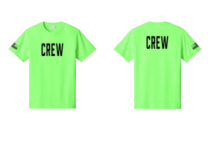 NYC Factory Crew T-Shirt, Condensed Lettering - Front + Back + US Flag Sleeve - Neon Green