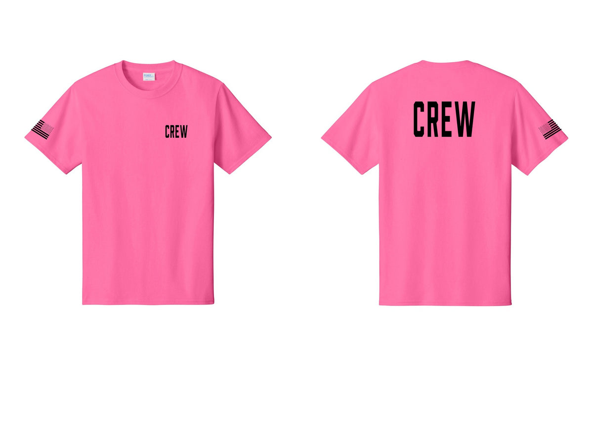 NYC Factory Crew T-Shirt, Condensed Lettering - Chest + Back + US Flag Sleeve - Neon Pink
