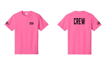 NYC Factory Crew T-Shirt, Condensed Lettering - Chest + Back + US Flag Sleeve - Neon Pink