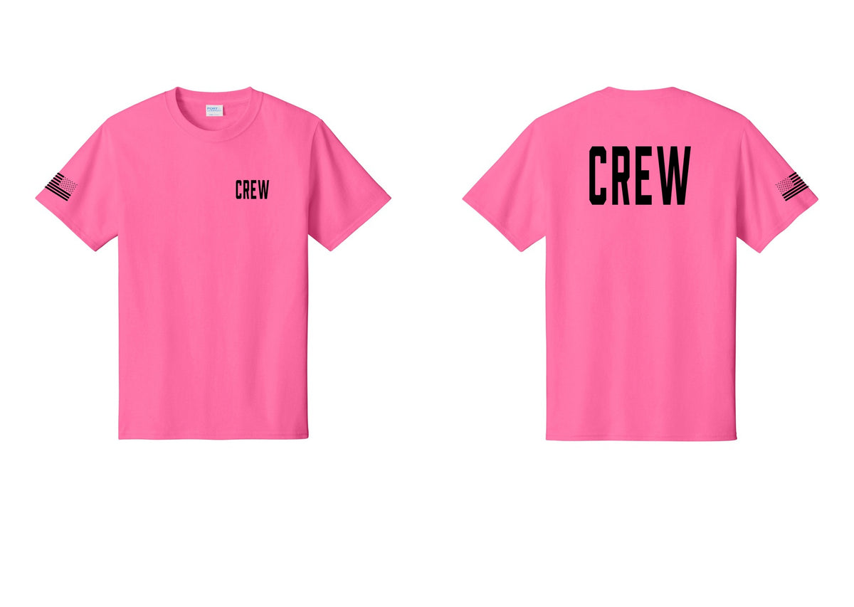 NYC Factory Crew T-Shirt for Event Staff & Production Teams (Classic) - Chest + Back + US Flag Sleeve - Neon Pink
