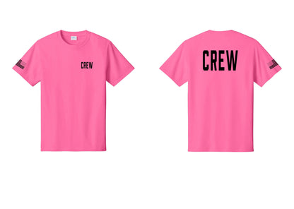NYC Factory Crew T-Shirt for Event Staff & Production Teams (Classic) - Chest + Back + US Flag Sleeve - Neon Pink