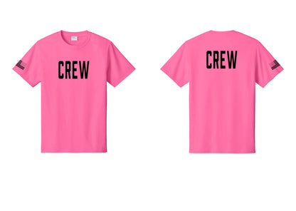 NYC Factory Crew T-Shirt, Condensed Lettering - Front + Back + US Flag Sleeve - Neon Pink