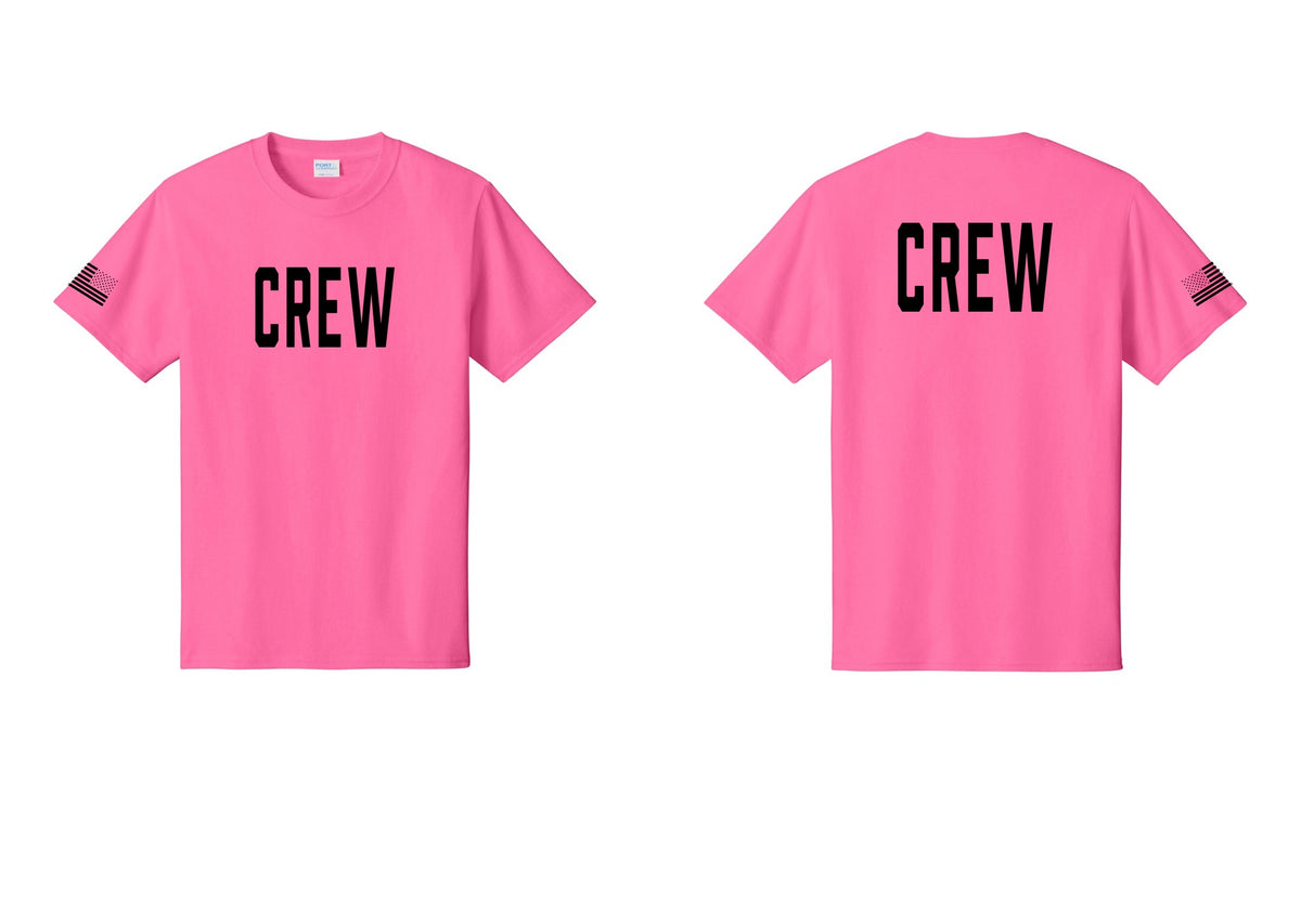 NYC Factory Crew T-Shirt for Event Staff & Production Teams (Classic) - Front + Back + US Flag Sleeve - Neon Pink