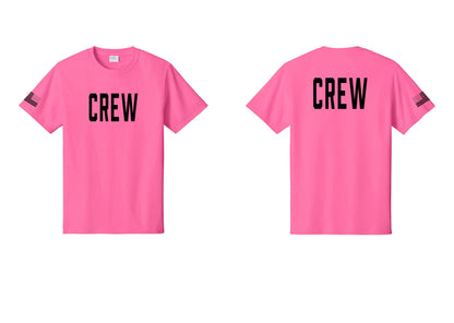 NYC Factory Crew T-Shirt for Event Staff & Production Teams (Classic) - Front + Back + US Flag Sleeve - Neon Pink