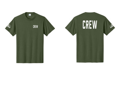 NYC Factory Crew T-Shirt for Event Staff & Production Teams (Classic) - Chest + Back + US Flag Sleeve - Olive