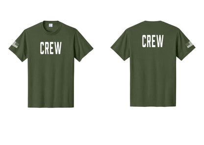 NYC Factory Crew T-Shirt, Condensed Lettering - Front + Back + US Flag Sleeve - Olive