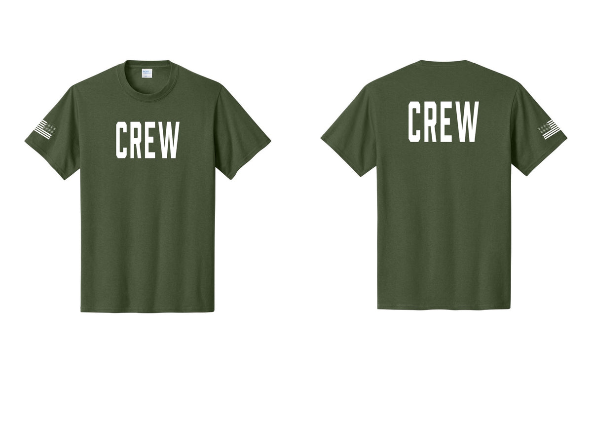 NYC Factory Crew T-Shirt for Event Staff & Production Teams (Classic) - Front + Back + US Flag Sleeve - Olive