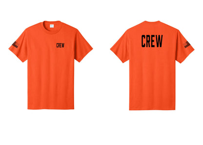 NYC Factory Crew T-Shirt, Condensed Lettering - Chest + Back + US Flag Sleeve - Orange