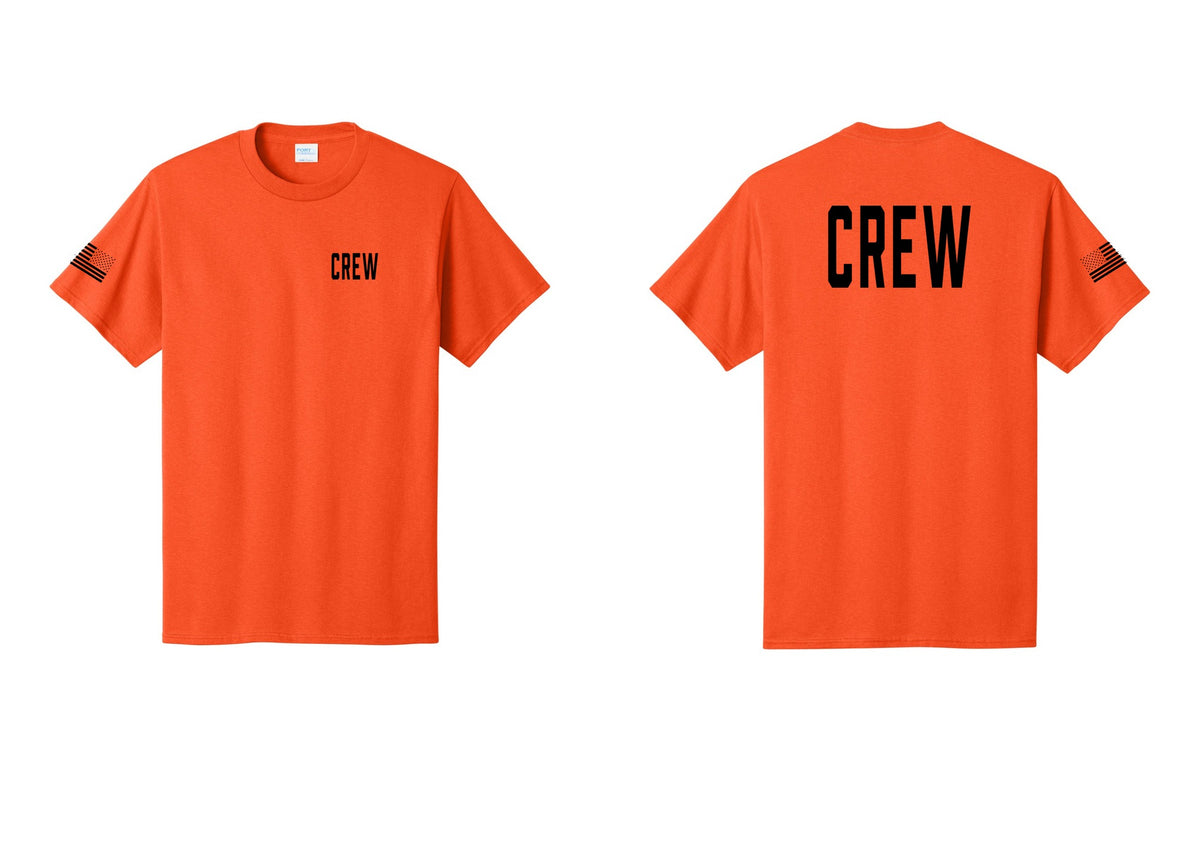 NYC Factory Crew T-Shirt for Event Staff & Production Teams (Classic) - Chest + Back + US Flag Sleeve - Orange