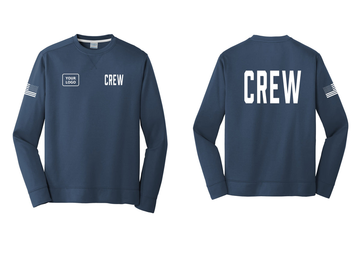 NYC Factory Custom Work Crew Uniform Performance Fleece Crewneck Sweatshirt with Your Logo (Classic) - CREW + Your Logo + Back + US Flag Sleeve - Navy