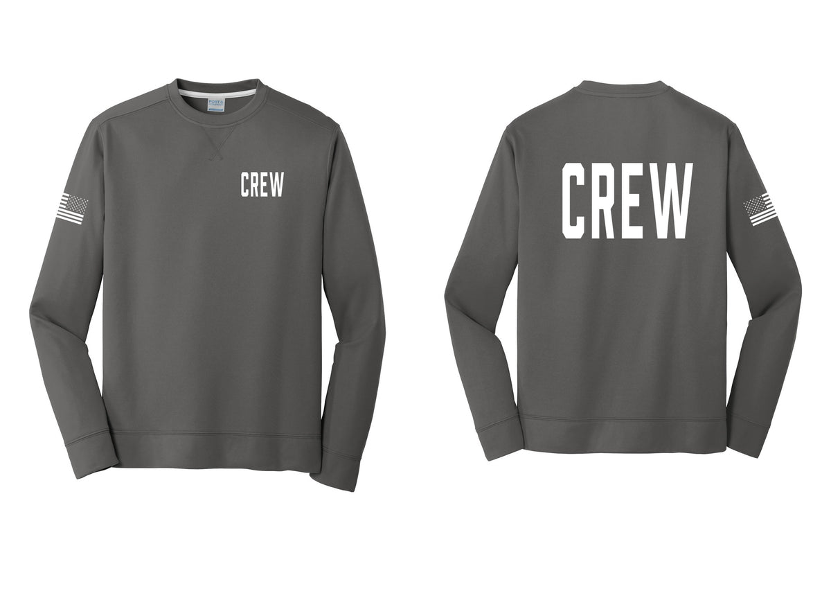 NYC Factory Crew Performance Fleece Crewneck Sweatshirt for Event Staff & Production Teams (Classic) - Chest + Back + US Flag Sleeve - Charcoal