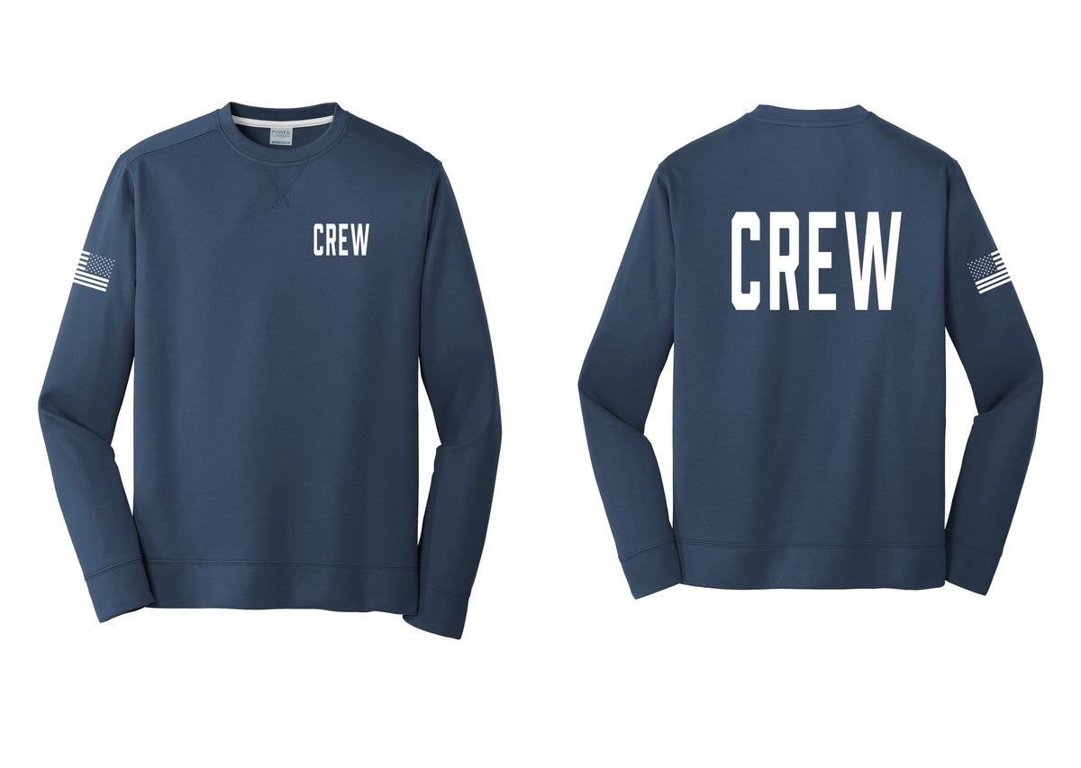 NYC Factory Crew Performance Fleece Crewneck Sweatshirt for Event Staff & Production Teams (Classic) - Chest + Back + US Flag Sleeve - Navy