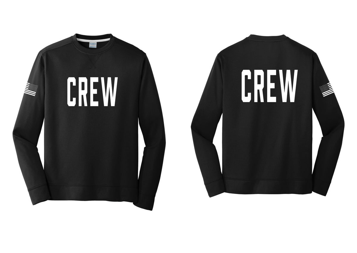 NYC Factory Crew Performance Fleece Crewneck Sweatshirt for Event Staff & Production Teams (Classic) - Front + Back + US Flag Sleeve - Black