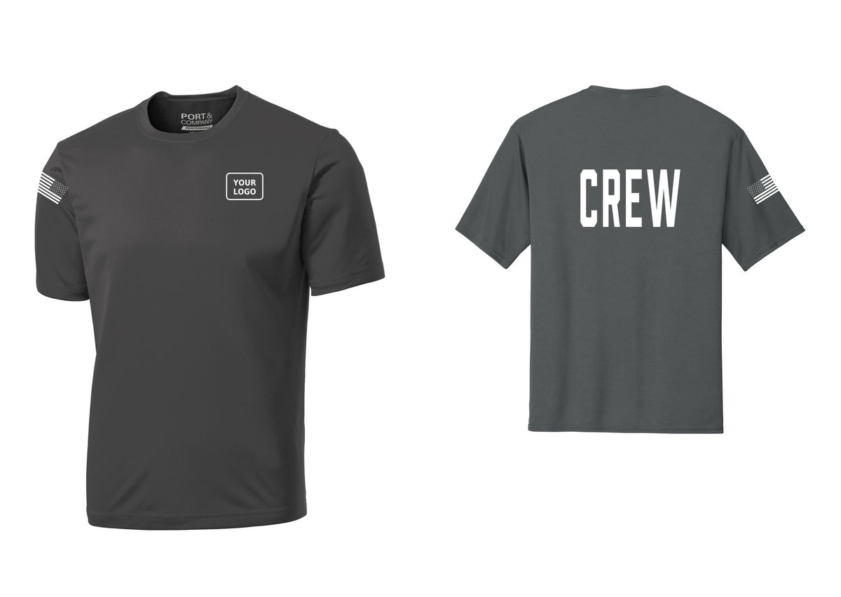 NYC Factory Custom Work Crew Uniform Performance Tee with Your Logo (Classic) - Your Logo + Back + US Flag Sleeve - Charcoal