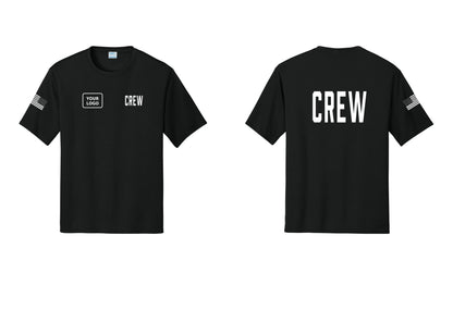 NYC Factory Custom Work Crew Uniform Performance Tee with Your Logo (Classic) - CREW + Your Logo + Back + US Flag Sleeve - Black