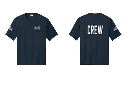 NYC Factory Custom Work Crew Uniform Performance Tee with Your Logo (Classic) - Your Logo + Back + US Flag Sleeve - Navy