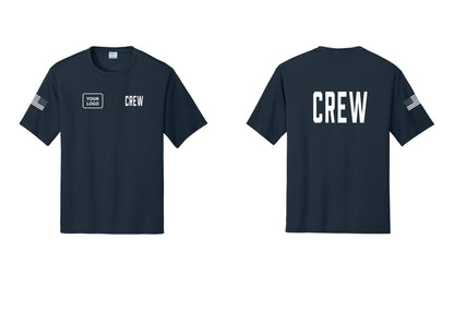 NYC Factory Custom Work Crew Uniform Performance Tee with Your Logo (Classic) - CREW + Your Logo + Back + US Flag Sleeve - Navy