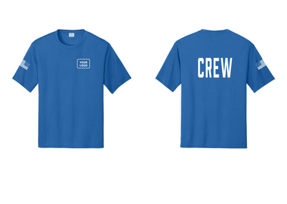 NYC Factory Custom Work Crew Uniform Performance Tee with Your Logo (Classic) - Your Logo + Back + US Flag Sleeve - Royal