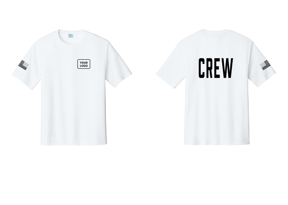 NYC Factory Custom Work Crew Uniform Performance Tee with Your Logo (Classic) - Your Logo + Back + US Flag Sleeve - White