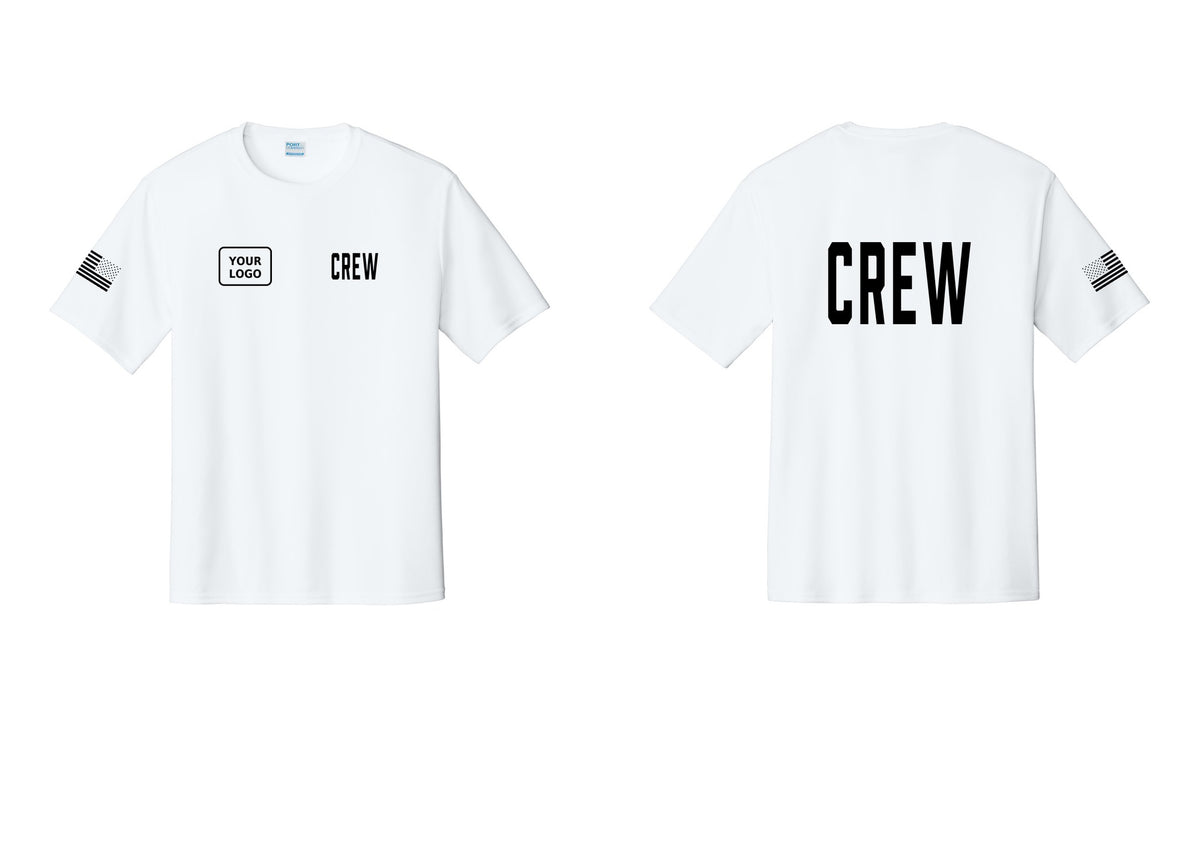 NYC Factory Custom Work Crew Uniform Performance Tee with Your Logo (Classic) - CREW + Your Logo + Back + US Flag Sleeve - White