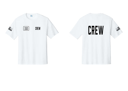 NYC Factory Custom Work Crew Uniform Performance Tee with Your Logo (Classic) - CREW + Your Logo + Back + US Flag Sleeve - White