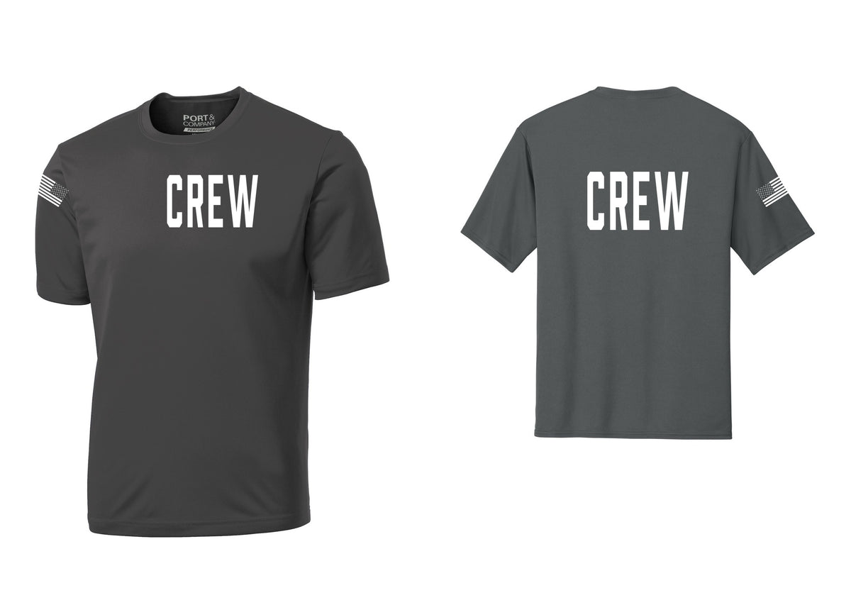 NYC Factory Crew Performance T-Shirt for Event Staff & Production Teams (Classic) - Front + Back + US Flag Sleeve - Charcoal