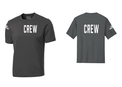 NYC Factory Crew Performance T-Shirt for Event Staff & Production Teams (Classic) - Front + Back + US Flag Sleeve - Charcoal