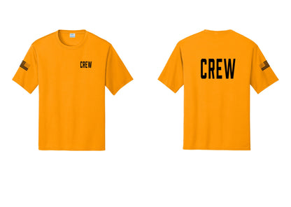 NYC Factory Crew Performance T-Shirt for Event Staff & Production Teams (Classic) - Chest + Back + US Flag Sleeve - Gold
