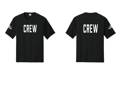 NYC Factory Crew Performance T-Shirt for Event Staff & Production Teams (Classic) - Front + Back + US Flag Sleeve - Black