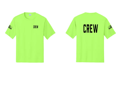NYC Factory Crew Performance T-Shirt for Event Staff & Production Teams (Classic) - Chest + Back + US Flag Sleeve - Neon Green