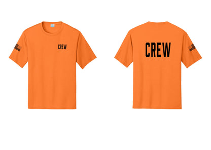 NYC Factory Crew Performance T-Shirt for Event Staff & Production Teams (Classic) - Chest + Back + US Flag Sleeve - Neon Orange
